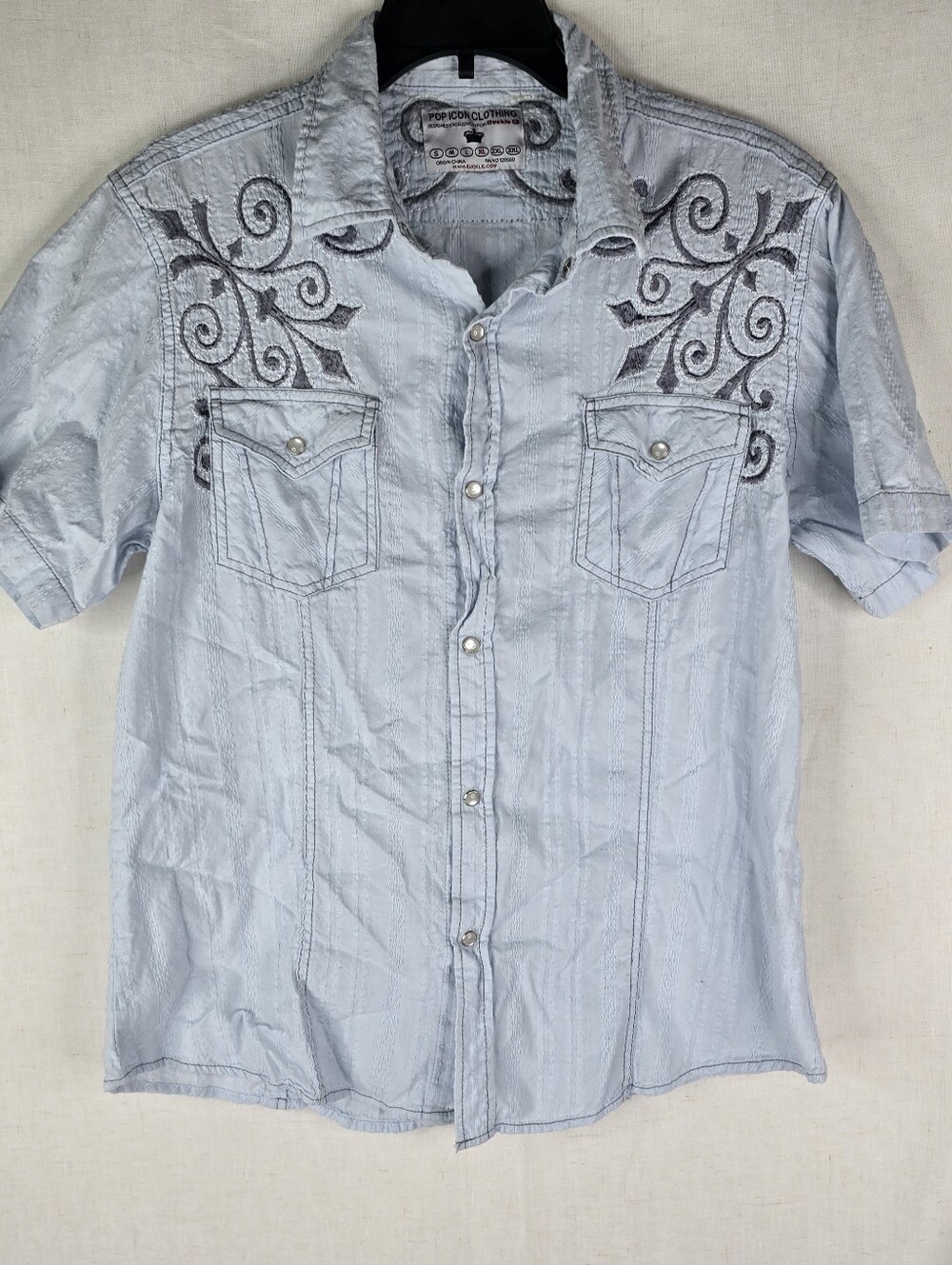 Pop Icon Buckle Y2k Mens XL *runs Small* Thick Stitching Blue Snap Button Shirt